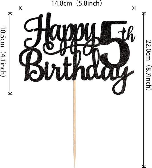 1 PCS Happy 5th Birthday Cake Topper Glitter Cheers to 5 Years Cake Pick Number 5 Fabulous Cake Decoration for 5th Birthday Theme Party Decorations Supplies Black
