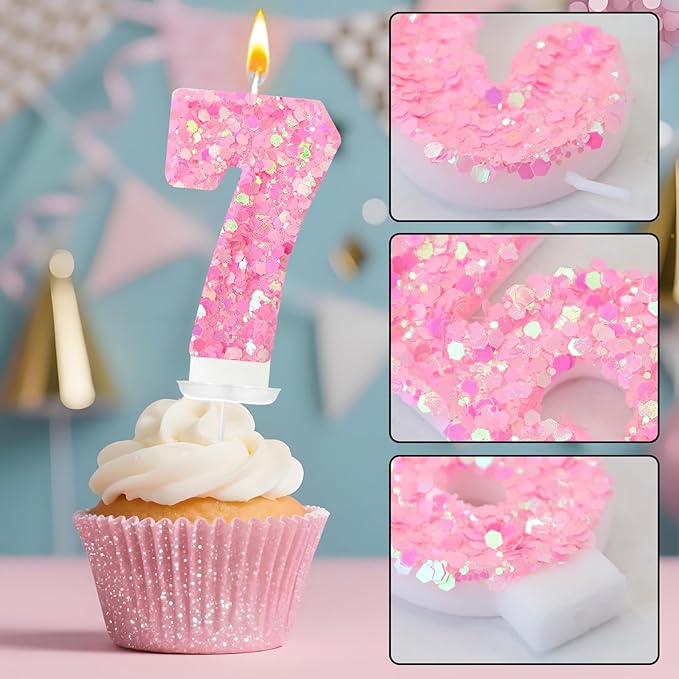 Zailo Birthday Number Candles, Glitter Number Candle Cake Decorations with Sequins, Cupcake Decorations for Girls, Women, Party Anniversary Celebrations (Number 7, Light Pink)