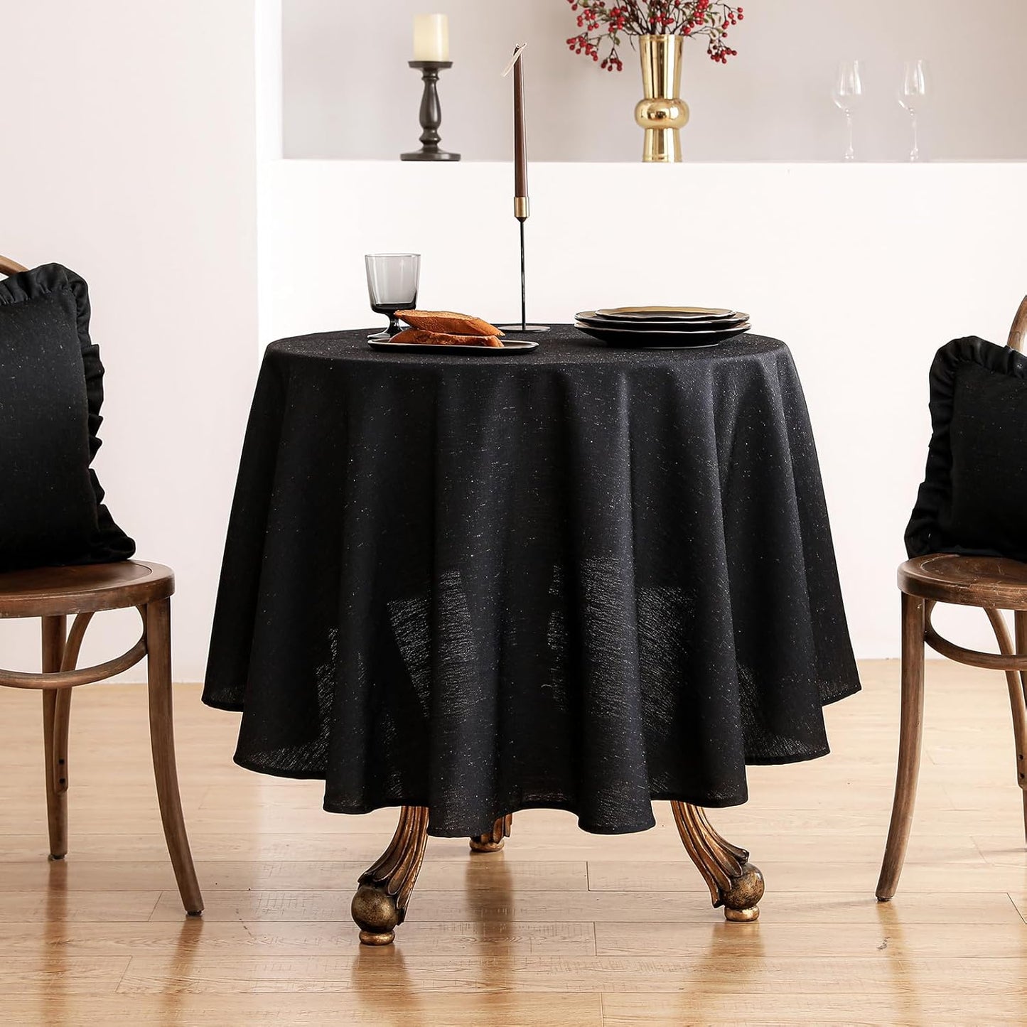 ISAENNE Black Tablecloth for Round Tables,Linen Table Cloth Solid Color Plain Simplicity,Heavy Durable Table Cover for Dining Kitchen Decor Party Banquet, Diameter 55"