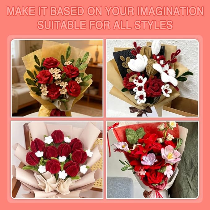 500pcs Multi-Season Pipe Cleaners Craft Kit with Flower Stem Wires & Art Tape - Valentine’s Day, Mother’s Day, Graduation & Holiday DIY Projects, 5 Colors Chenille Stems Set (7mm x12 inch)