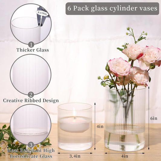 12pcs Glass Cylinder Vases for Centerpieces, Clear Ribbed Flower Vases for Wedding Decorations, Vintage Decorative Vase Set for Flowers, Hurricane Floating Candle Holder for Party Home Decor, 4''+6''