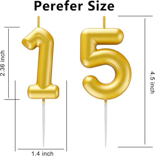 Gold Number 15 Candle Happy Birthday 3D Number Candles for Birthday Cake Party Decoration Wedding Anniversary Celebration Supplies
