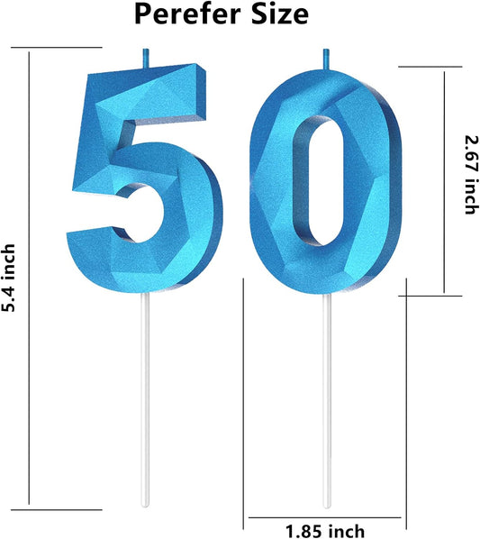 Number Birthday Candles(50 Candle Blue) 3D Diamond Shape Number Happy Birthday Cake Candles for Birthday Party Wedding Decoration Reunions Theme Party