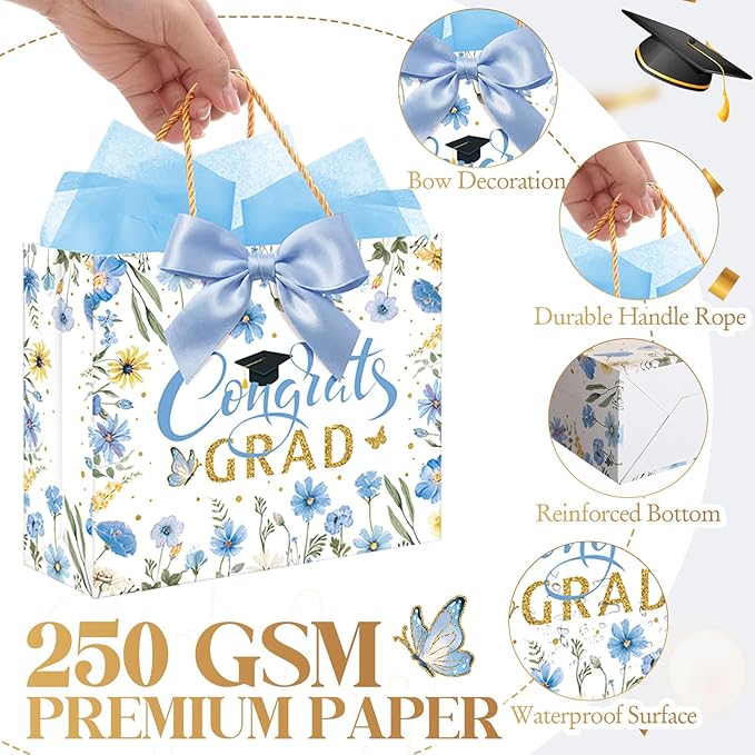 Maitys 12 Pack 13" Large 2026 Graduation Gift Bags Bulk with Handle, Tissue Paper, Card, Ribbon Blue Gold Class of 2026 Congrat Grad Wildflower Paper Wrapping Bag for College Graduation Party Supplies