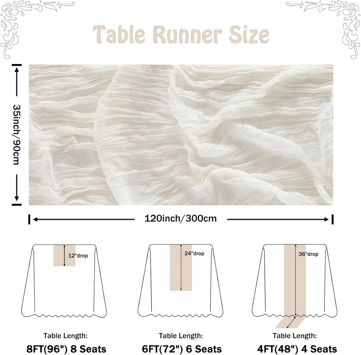Fanami 1 Pack Cheesecloth Table Runner -10FT Ivory White Boho Gauze Cheese Cloth Table Runner 120 Inches Long Rustic Sheer Fabric Centerpieces for Wedding Birthday Party Bridal Baby Shower Decorations