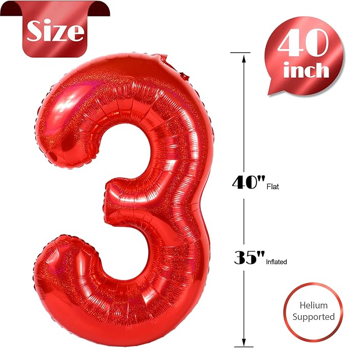 Laser Red 3 Balloon, Number Balloons 40 Inch, 3rd Birthday Decorations for Kids Girls Women Party Supplies for Party Decorations, Number 3 Balloon