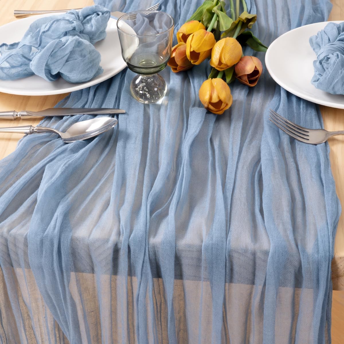 MLMC 12 Pack Dusty Blue Table Runner 10ft Boho Gauze Cheesecloth Fall Table Runner 35x120 Inches Rustic Cheese Cloth Centerpiece for Wedding Bridal Shower Baby Shower Party Decor