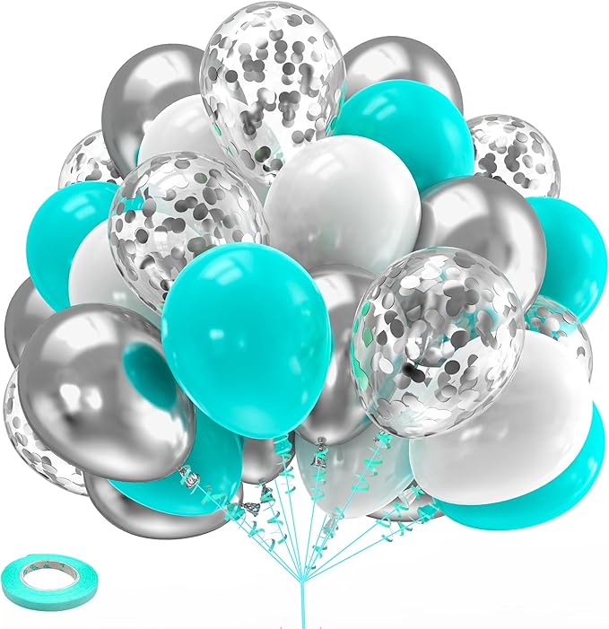 Teal Blue Silver White Balloons Kelfara 60Pcs 12 inch Turquoise Silver White Metallic Confetti Balloons Kit with Ribbons for Wedding Bridal Baby Shower Birthday Graduation Prom Party Decorations