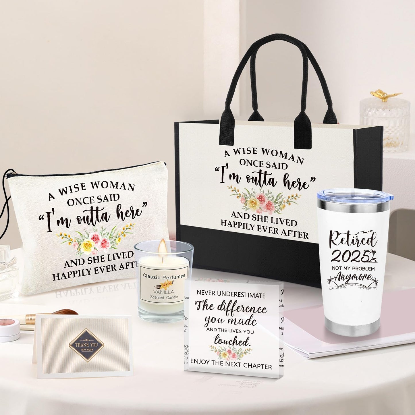 Retirement Gifts for Women 2025, Happy Retirement Gifts for Coworker Teacher Nurse Boss Friend Mom Grandma Retirees Retired Christmas Gift for Women with 20Oz Tumbler Canvas Tote Bag Acrylic Decor
