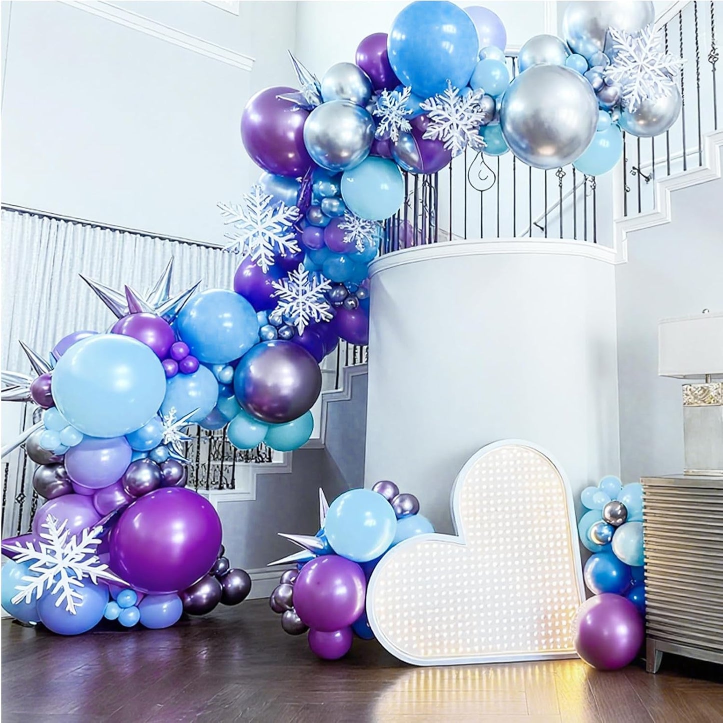 Bezente Frozen Balloons Kit, 60pcs 12 inch Blue Purple Latex Balloons Metallic Silver Helium Balloons for Girls Birthday Wedding Baby Bridal Shower Wonderland Winter Ice Snow Theme Party Decorations