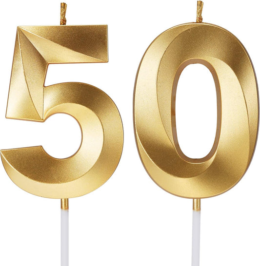50th Birthday Candles for Cakes Numbers Candle Happy 50 Birthday 3D Designed Wedding Anniversary Party Cake Topper Decorations (50, Gold)