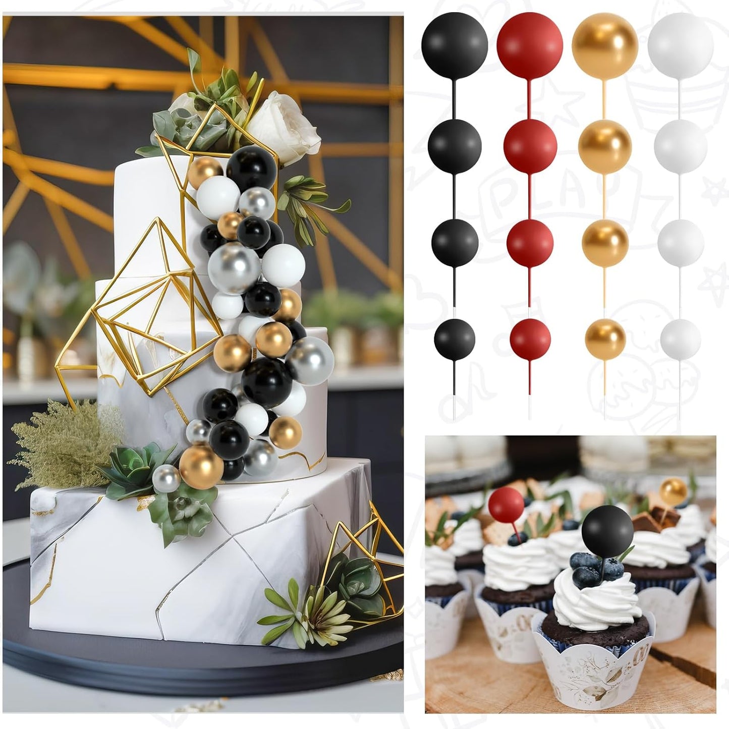 138 Pcs Balls Cake Topper Decorations Balloon Cupcake Toppers Foam Multisize Cake Topper Balls for Birthday Party Wedding Anniversary(Black,Red,White,Gold)