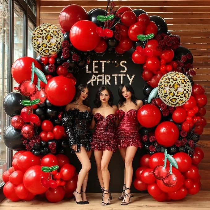 Red Black Balloon Arch Kit Double Stuffed Burgundy Black Maroon Balloon Garland Cherry Cheetah Print Balloons for Birthday Bridal Baby Shower Mother's Day Bachelorette Graduation Party Decorations