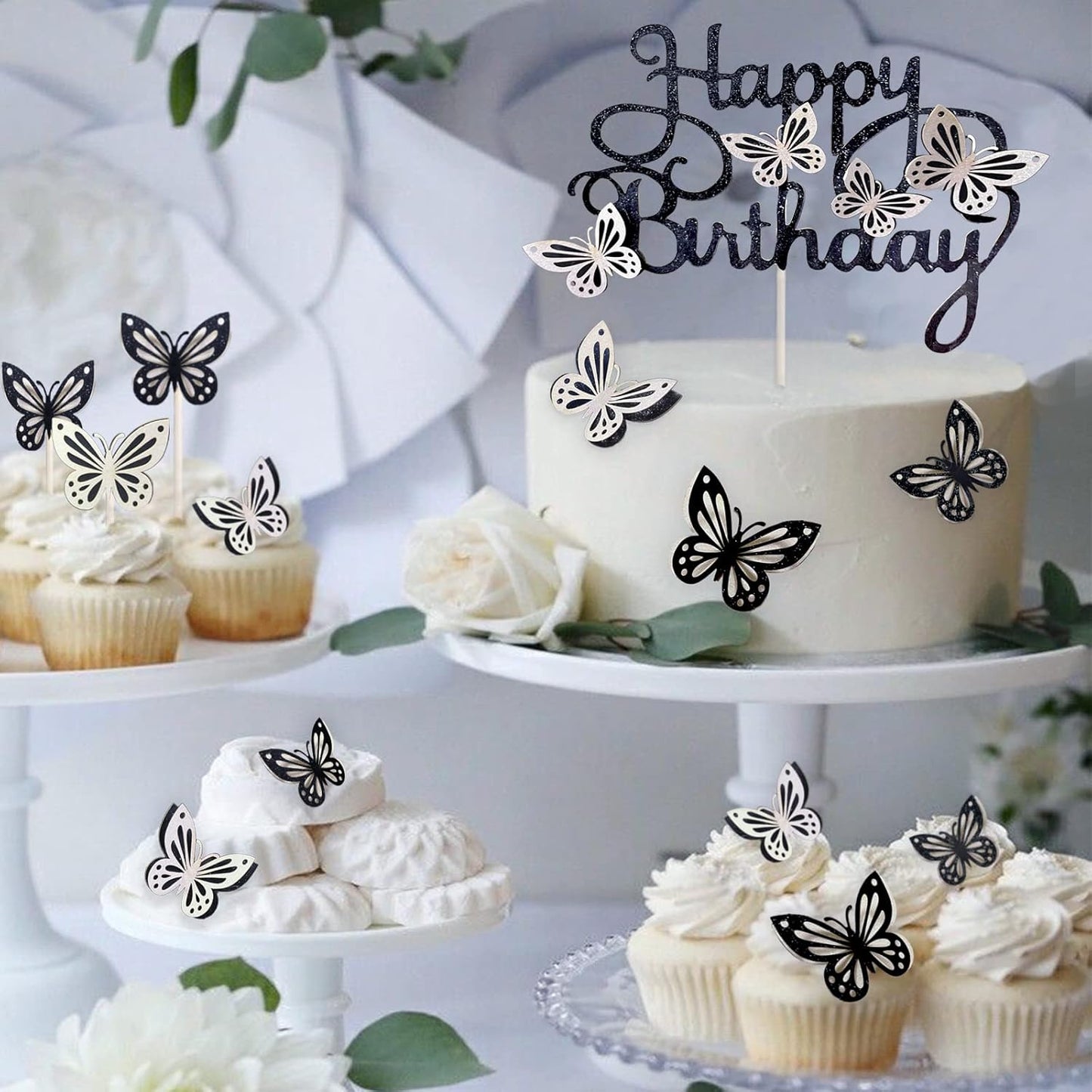 13-Piece Butterfly Cake Toppers - 3D Butterfly Cupcake Toppers for Girls & Women's Birthdays (Black & White)