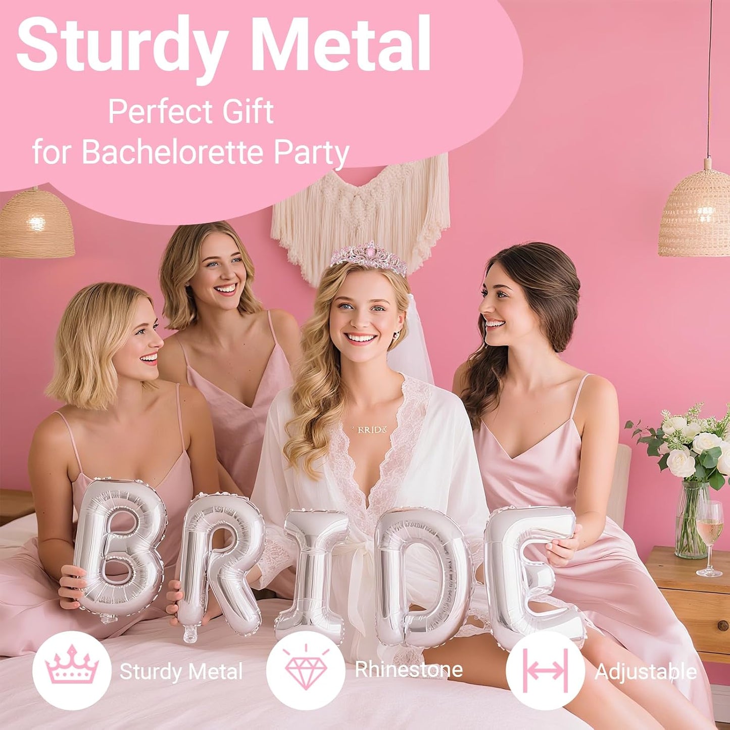 3Pcs Bride to Be Crown with Sash and Veil for Bachelorette Party Decorations, Bridal Shower Accessories for Gift, Favors