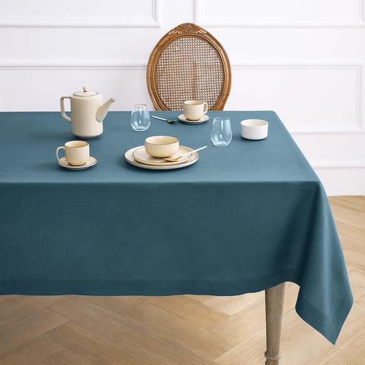 Solino Home Linen Tablecloth for Rectangle Tables 60 x 90 Inch - 100% Pure Linen Peacock Blue Table Cloth - Fete, Machine Washable Cloth Tablecloth