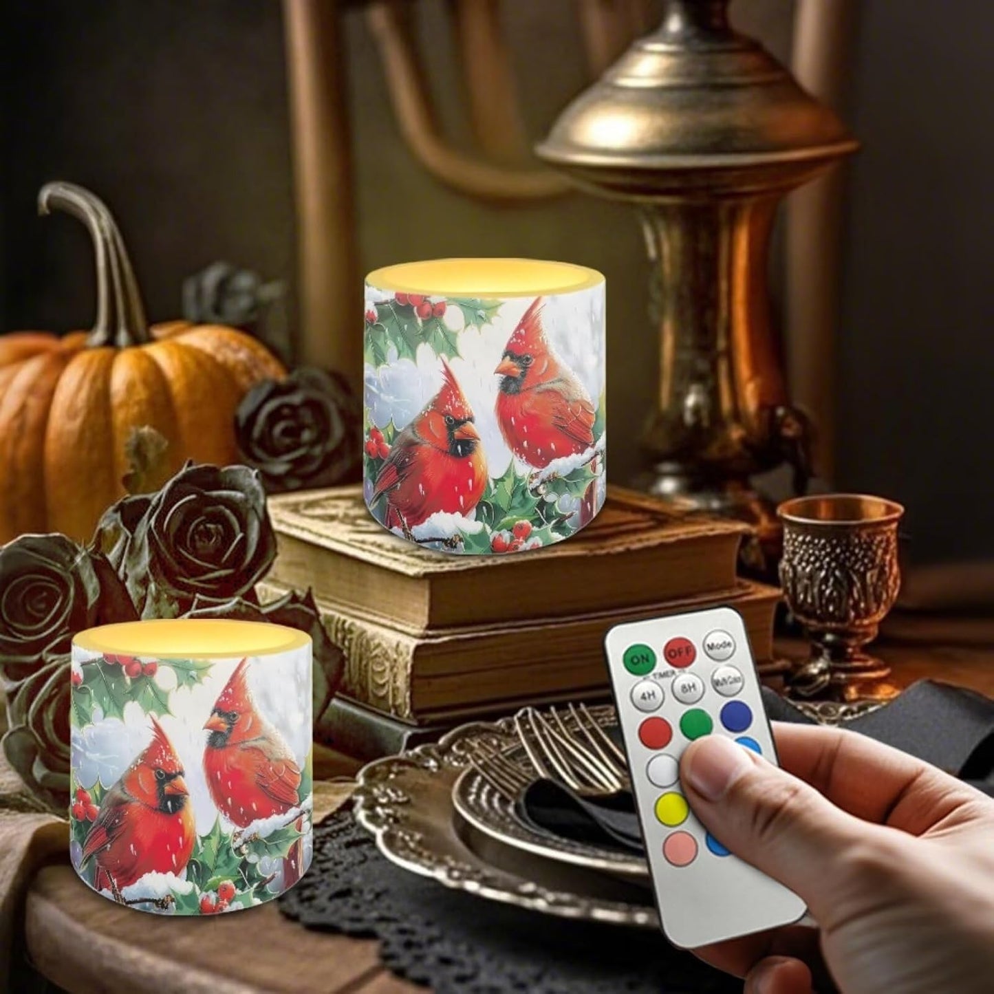 Poceacles Flameless LED Candles 4 Pack with Remote Control, Battery-Powered, Flickering Effect, with 12 Color Changing, Realistic LED Pillar Candles for Christmas, Red Cardinal Bird Holly Print