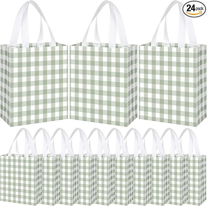 Supervitae 24 Pack Gingham Gift Bags Medium Green and White Theme Party Decoration Supplies Reusable Non Woven Totes for Checkered Dinner Baby Shower Wedding Party Favor(9.8" x 7.9" x 3.9")