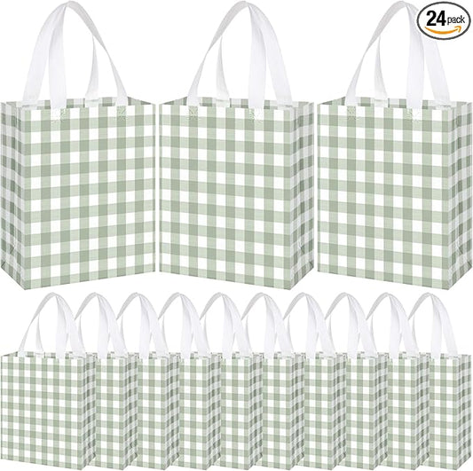 Supervitae 24 Pack Gingham Gift Bags Medium Green and White Theme Party Decoration Supplies Reusable Non Woven Totes for Checkered Dinner Baby Shower Wedding Party Favor(9.8" x 7.9" x 3.9")