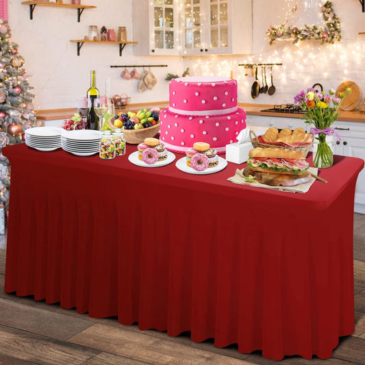 Thick 2 in 1 Spandex Table Skirt and Cover 6ft, Rectangle Fitted Tablecloth with Pleated Skirt, Wrinkle Free Rectangular Table Cloth for Banquets Vendor Event (Burgundy, 72"*30"*29")