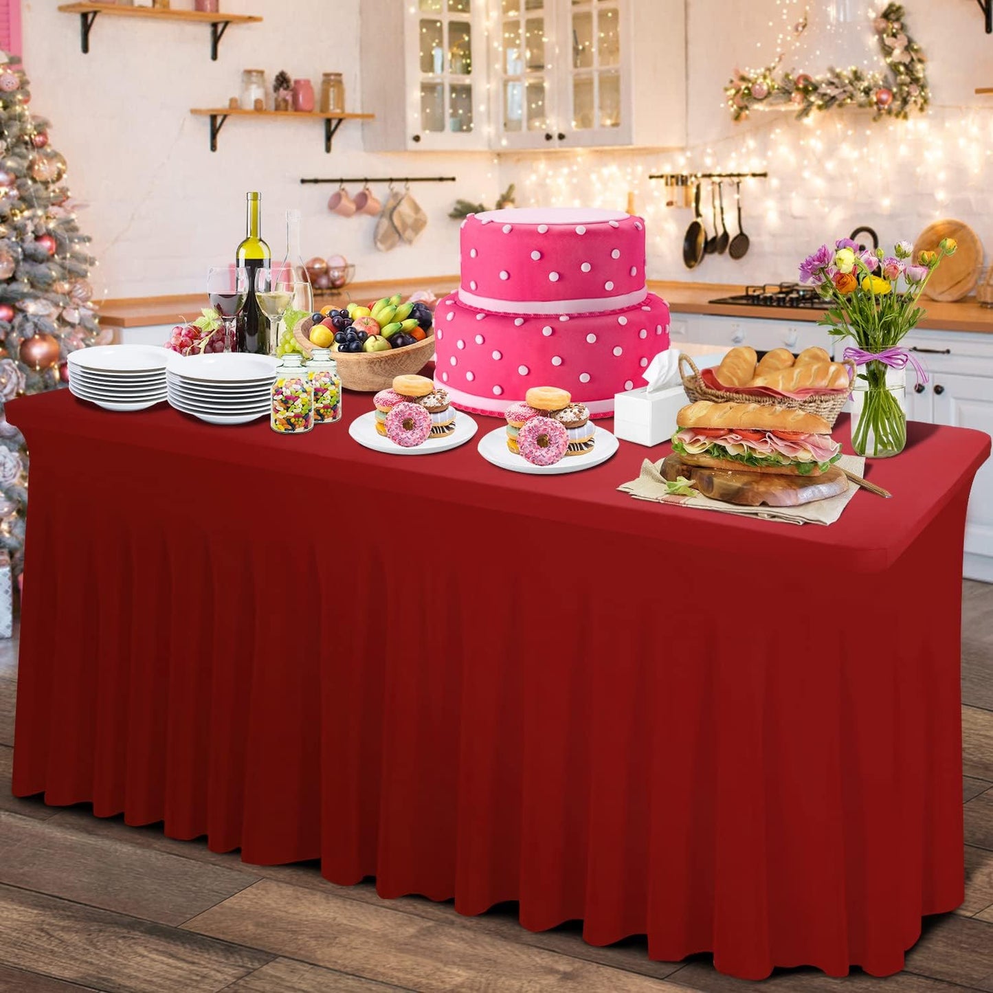 Thick 2 in 1 Spandex Table Skirt Cover 4ft, Rectangle Fitted Tablecloth with Pleated Skirt, Wrinkle Free Rectangular Table Cloth for Banquets Vendor Event (Burgundy, 48"*24"*29")