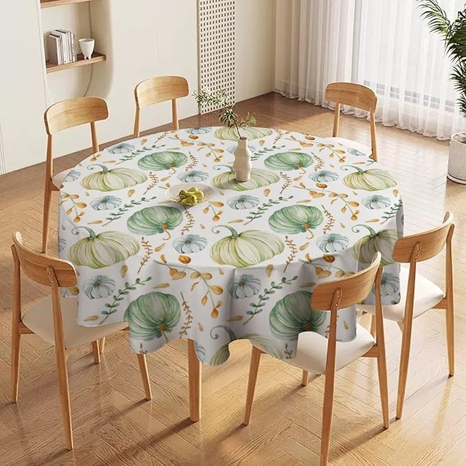 YCness Fall Tablecloth, Thanksgiving Autumn Harvest Watercolor Blue Green Pumpkin Orange Leaf Table Cover for Party Picnic Dinner 36x36 Inch Round