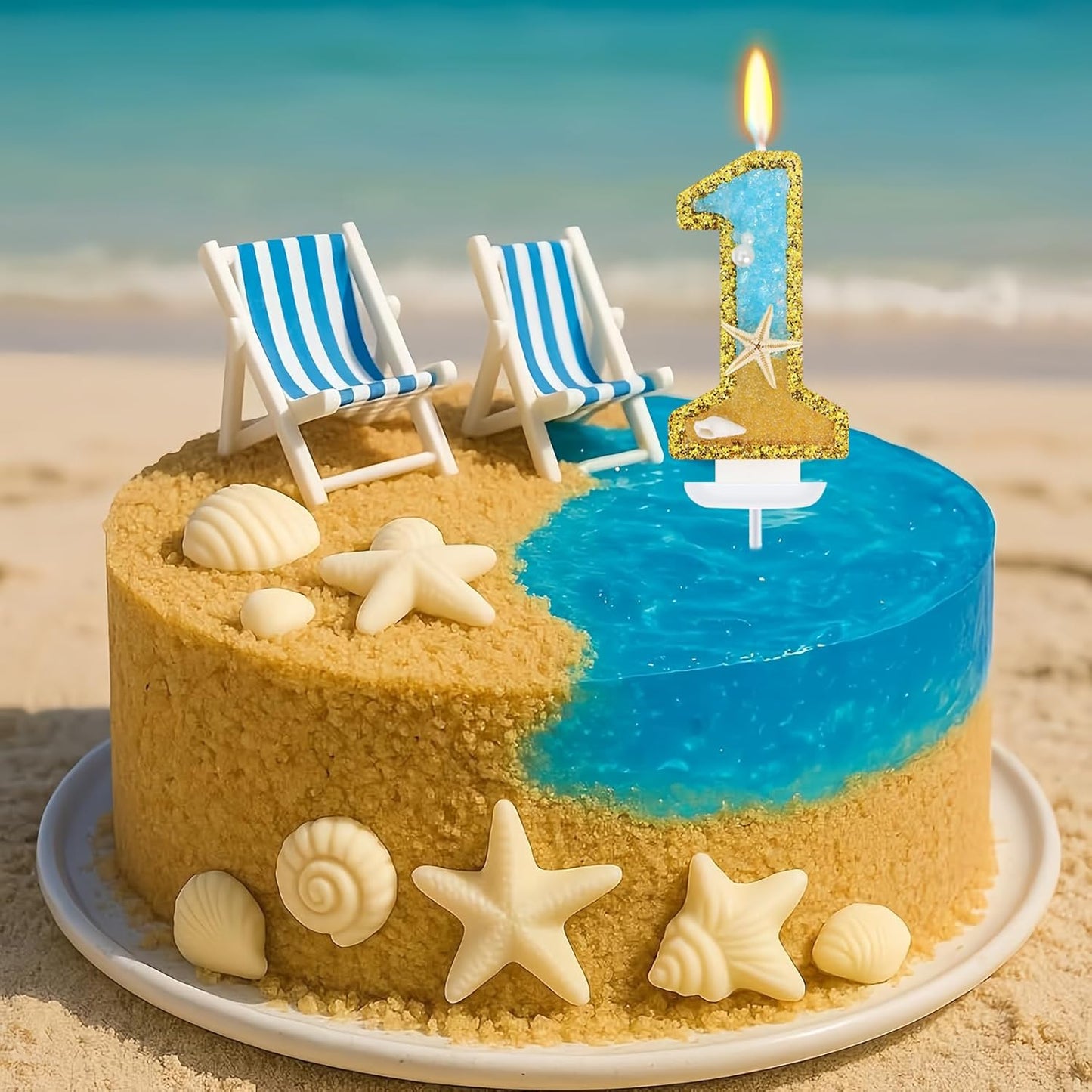 Ocean Number 1 Candle, Glitter Gold Beach Starfish Cake Topper, Tropical Ocean Princess Birthday Decorations for Party Supplies Wedding Anniversaries
