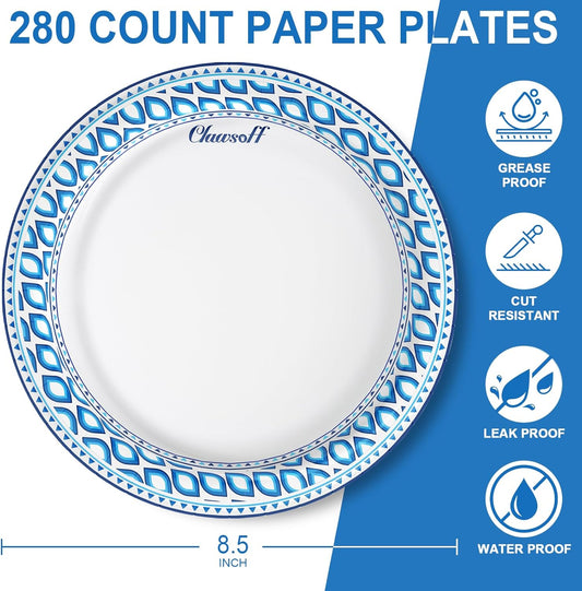 8.5 Inch Paper Plates Bulk 280 Count, Cut Proof Heavy Duty Paper Plates, Soak Proof Dessert Plate, Disposable Dinner Plate for Party, Birthday and Picnic