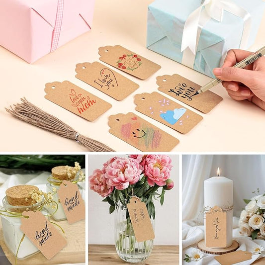 SallyFashion 100pcs Gift Tags with String Attached, 2 x 4 inch Kraft Paper Hang Tags for Clothes DIY Crafts Wedding Holiday (Brown)