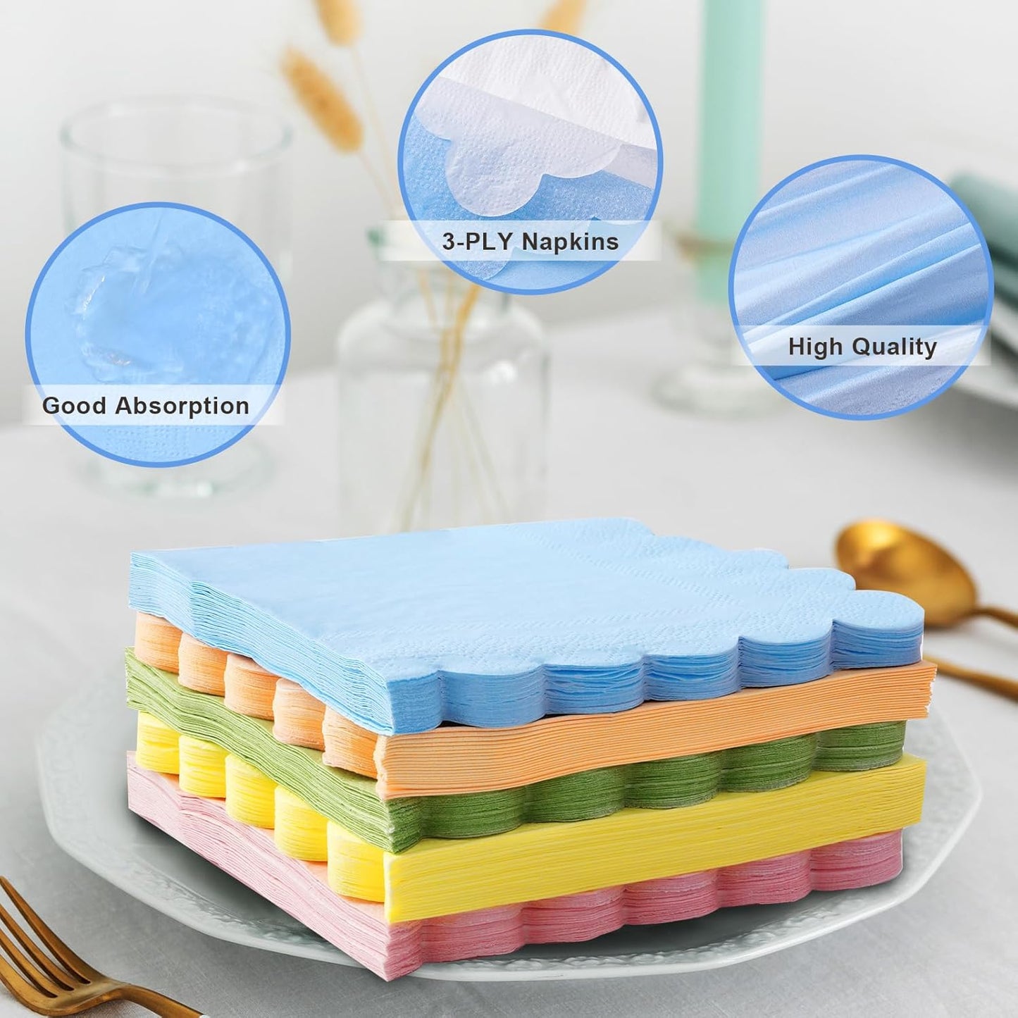 100 Pastel Rainbow Scalloped Cocktail Napkins, 3 Ply 5 x 5 Inch Beverage Napkins Paper Napkins Disposable Luncheon Napkins for Wedding Birthday Party Bridal Anniversary Baby Shower