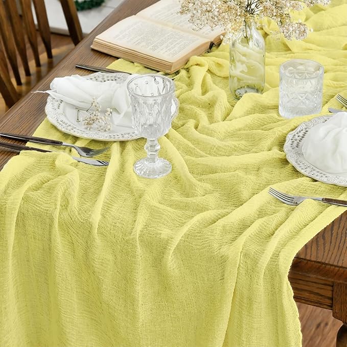 Artoid Mode Boho Light Yellow Gauze Wedding Table Runner, 160 Inch Seasonal Fabric Kitchen Dining Holiday Table Decor for Home Party Indoor