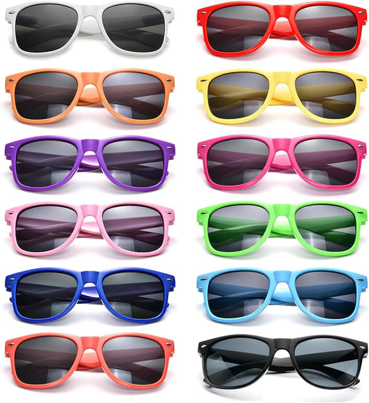 SUNOVELTIES 12/24 Pack Neon Party Sunglasses Mirrored/Jelly Lens Bulk Glasses Horn Rimmed Eyewear for Men Women