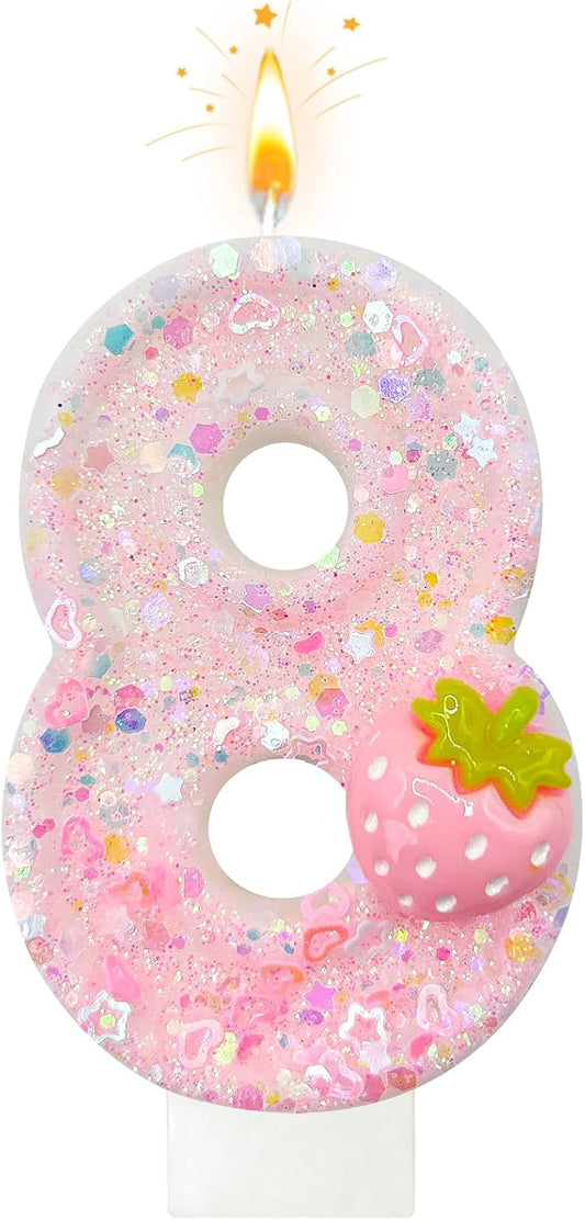 HXOUSE Strawberry Number 8 Birthday Candles - Pink Berry Birthday Candles for Cake, 8 Candle Topper for Anniversary Celebrations Supplies, Strawberry Party Decorations for Girl (No.8)
