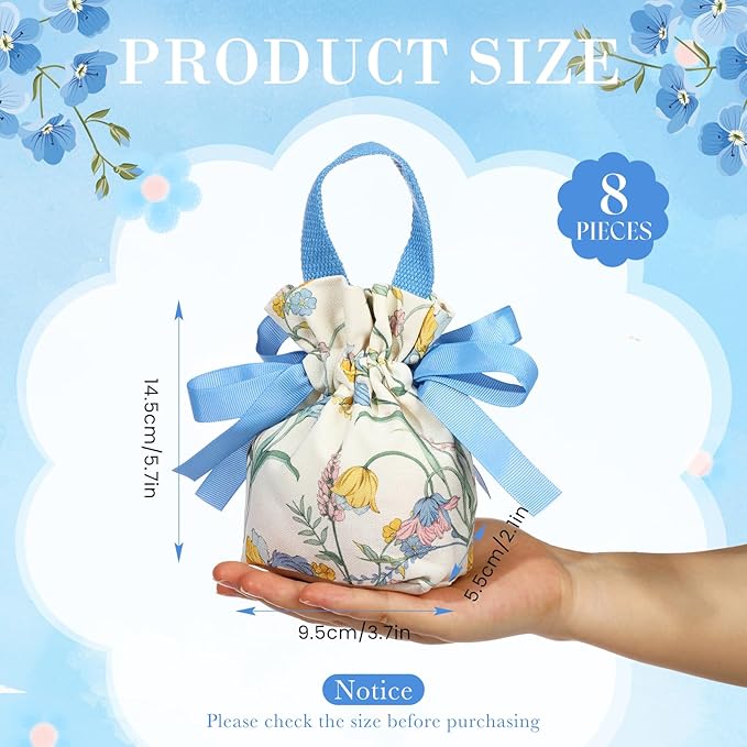 Liobelon 8 Pieces Floral Mini Gift Bags with Handles 14x9.5x6cm/5.5x3.7x2.3inch Canvas Candy Bag Tea Party Favor Bags for Party, Wedding, Bridal Shower, Valentine's Day, Mother's Day Jewelry Bag