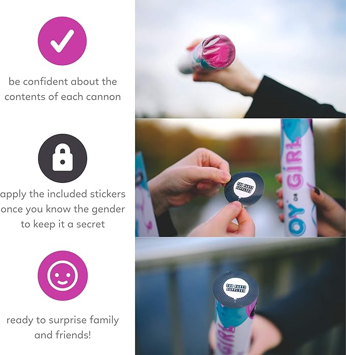 TUR Party Supplies Gender Reveal Poppers | 2 Pink Confetti & Powder Cannons | Biodegradable | Baby Gender Reveal Decorations