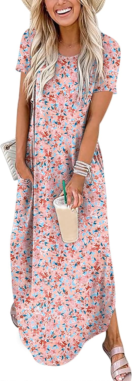 ANRABESS Womens Summer Maxi Dress Short Sleeve Casual Loose Long T Shirt Dresses Split Vacation Beach Sundress Travel Outfits