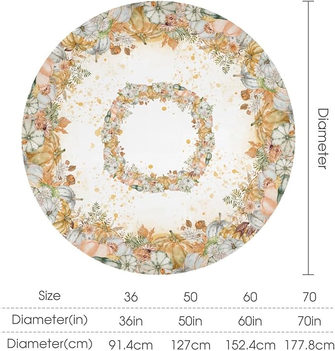YCness Fall Tablecloth Thanksgiving Autumn Harvest Orange Watercolor Pumpkin Leaves Table Cover for Party Picnic Dinner Decor 70x70 Inch Round