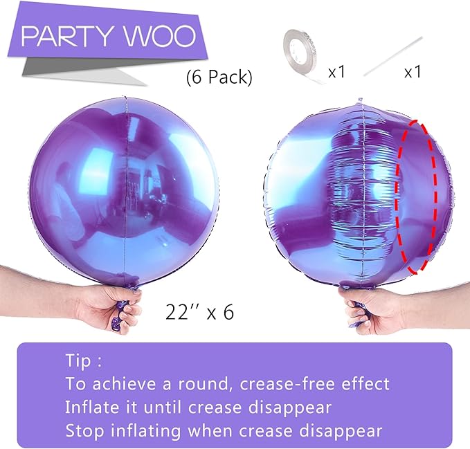 PartyWoo Metallic Purple Foil Balloons 6pcs 22 Inch Large Round Foil Big Giant 4D Jumbo Inflatable Mirror Ball Mylar Balloons for Halloween Girl Princess Birthday Baby Shower Party Decorations