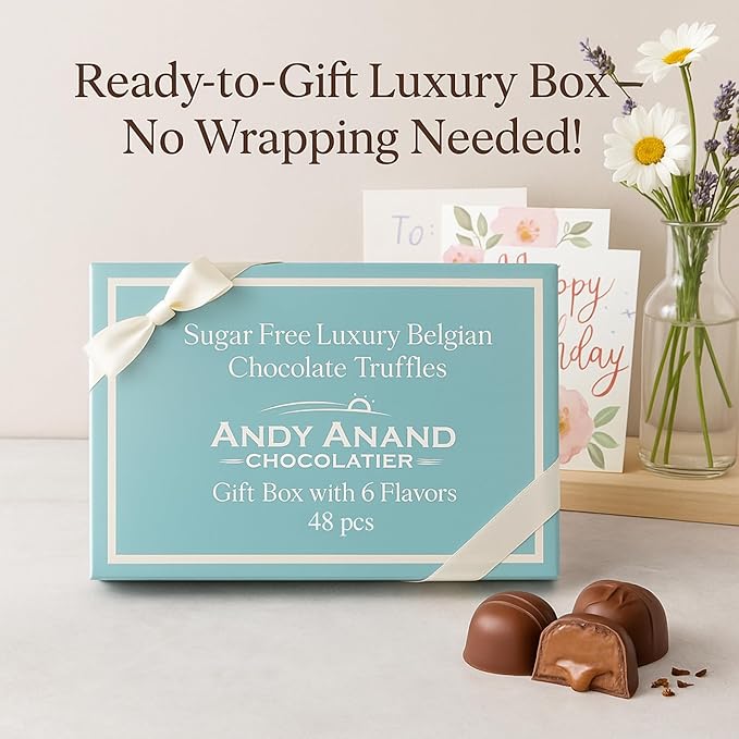 Andy Anand Chocolatier Sugar Free Belgian Chocolate Truffles Gift Box - Gluten Free European Imported Chocolate Truffles, Handcrafted Diabetic Snacks for Adults (48 Pcs)