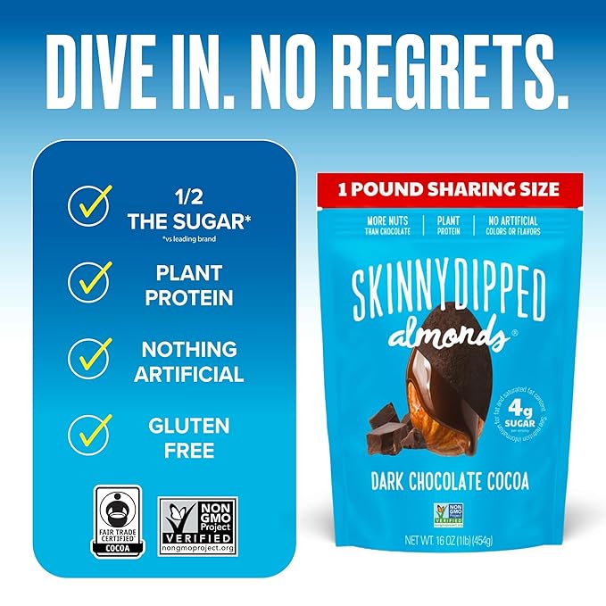 SkinnyDipped Dark Chocolate Cocoa Almonds, 1lb Bag, Healthy Snack, Plant Protein, Gluten Free, Pack of 1