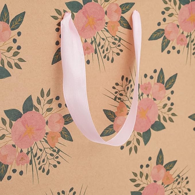 Juvale Floral Gift Bags - Reinforced Bottom & Ribbon Handles - Party Favor Bags - 8 x 4 x 9 in, Pack of 24, Pink