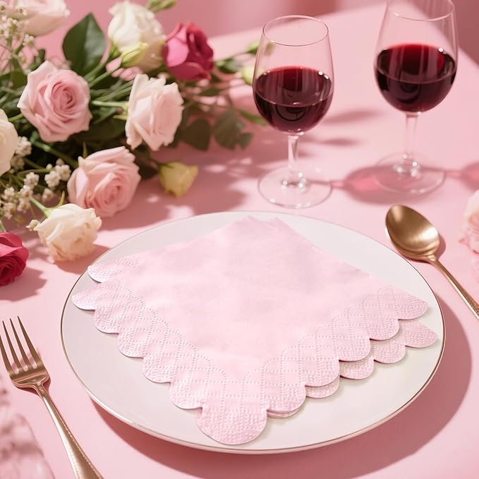 120 Pcs Pink Scalloped Cocktail Napkins,2-Ply Pink Disposable Beverage Party Napkins for Dinner Wedding Birthday Baby Shower