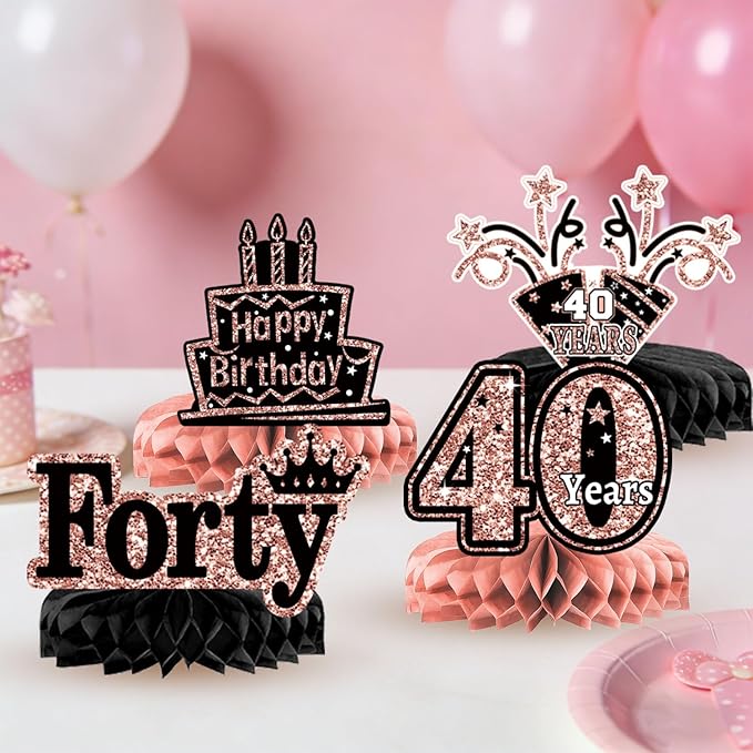 40th Birthday Decorations for Women, 38pcs Black Rose Gold Backdrop, Honeycomb Centerpieces, Banner, Hanging Swirls, Porch Banner, Balloons, Sash, Crown for 40 Years Old Birthday Decorations