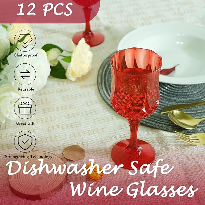 Plastic Wine Glasses, Plastic Goblets Vintage Style Cordial Unbreakable Drinking Glasses, Reusable Drinkware for Wedding Reception, Grand Event Party Supplies, Easter (12, Red)