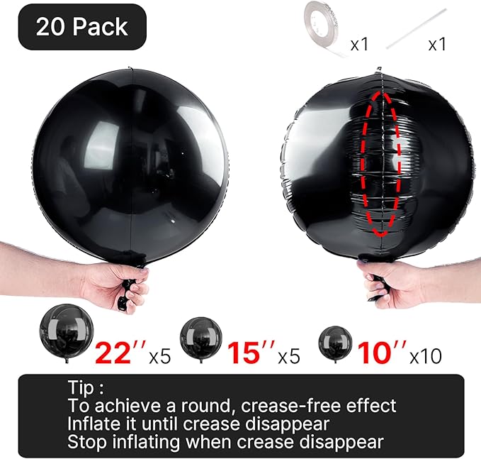 PartyWoo Black Foil Balloons 20pcs Different Sizes Pack of 22 15 10 Inch Large Round Foil 4D Inflatable Mirror Ball Mylar Balloons for Halloween Graduation Birthday Retirement Party Decorations