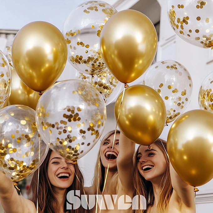 SUWEN Metallic Gold Balloons and Confetti Balloons Set 47PCS Latex Helium Chrome Gold Balloon for Birthday Graduation Anniversary Party Decorations