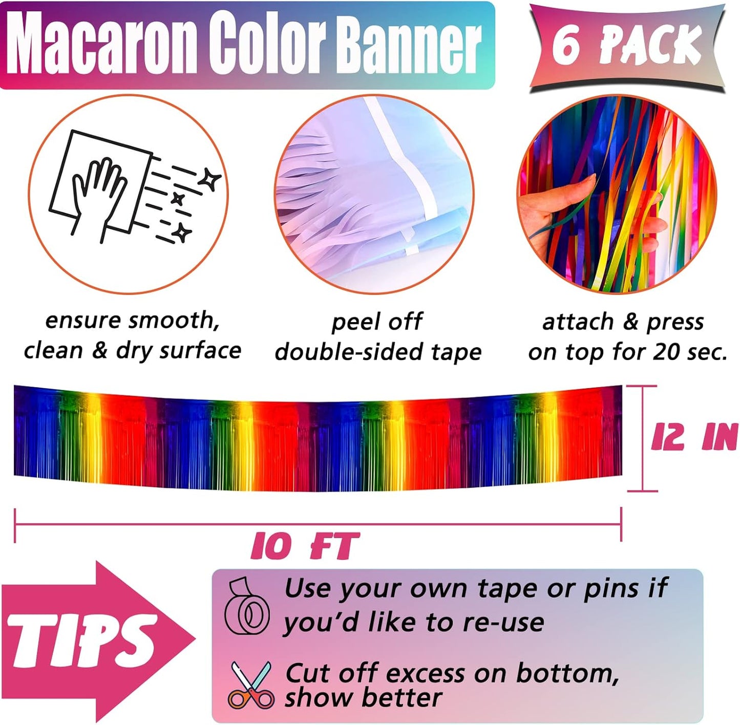 6 Pack 10 Feet Foil Fringe Garland Metallic Tinsel Banner Wall Hanging Curtain Streamers Backdrop for Parade Floats Bachelorette Wedding Birthday Party Thanksgiving Christmas Decorations(Rainbow)