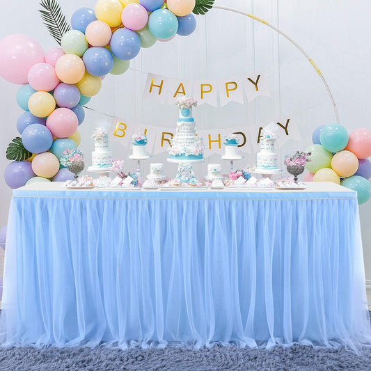 Baby Blue Table Skirt for Baby Shower Boy 6ft Light Blue Tulle Tutu Table Cloth for Elephant Birthday Party Ocean Baby Shark Gender Reveal Wedding Bridal Shower Cake Table Decorations