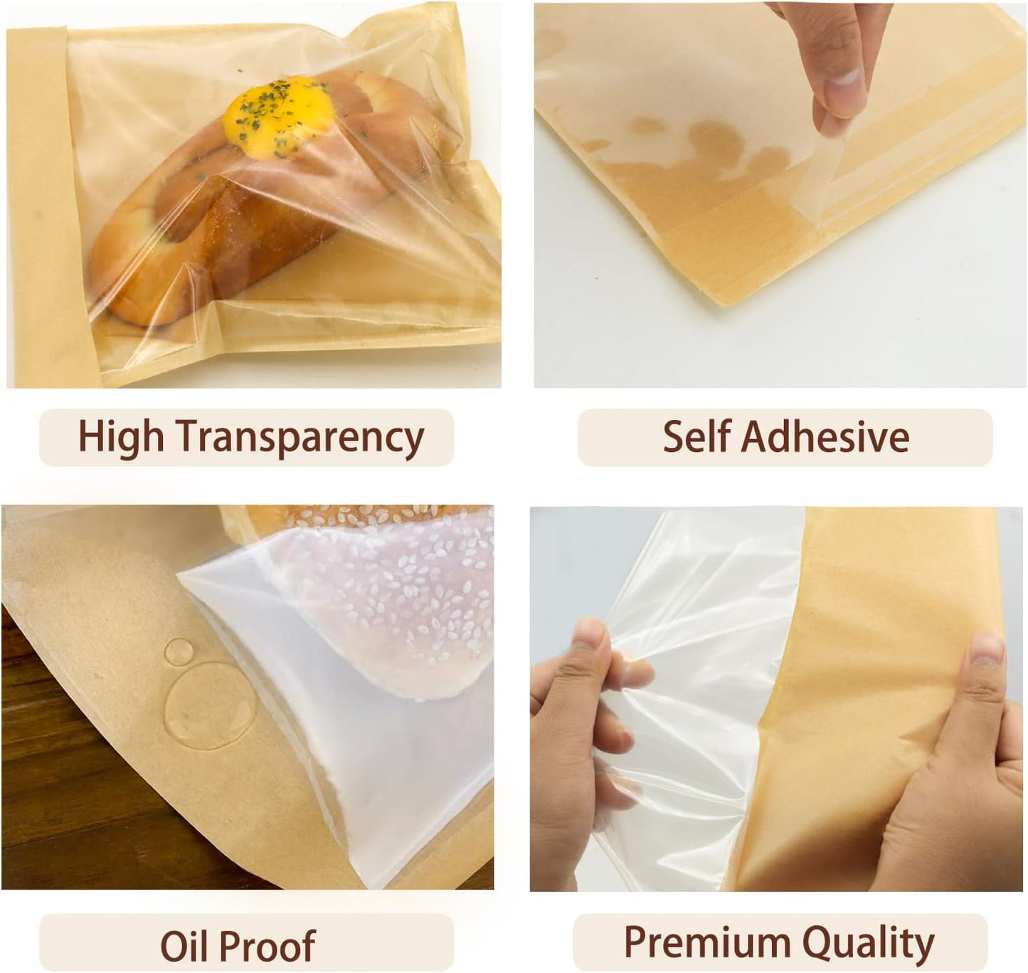 Self Sealing Sandwich Bags with Seal, 7 × 9.2 Inch 200PCS Paper Bakery Bags with Window, Grease Resistant To Go Sleeves for Packaging Donut, Snack, Scone, Brownie, Small Pastries and other Treats