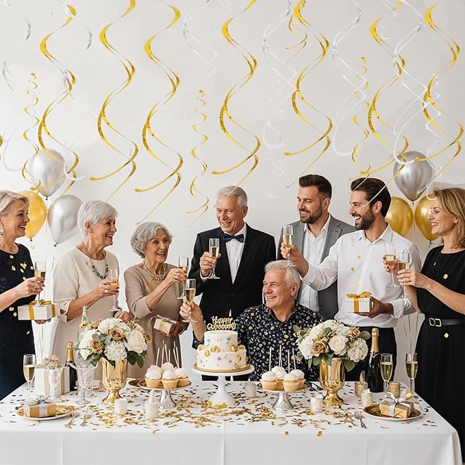 BEISHIDA Gold Silver Hanging Swirls Party Decorations Plastic Streamer for Ceiling, Wedding Graduation Birthday Bachelorette Hanging Party Supplies, Pack of 20